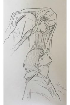 a pencil drawing of a woman holding a man's head in her arms and looking at him