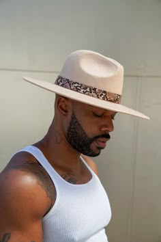 "The chicest hat we have ever made, classic silhouette. With snake details. Spot Clean Brim 10.5 cm/4 Inch Hat Crown Circumference 23-24\" Leave 1 Inch Room For Error As The Hats Are Hand Manually Measured. Can be adjusted to made smaller with internal size adjuster" Walnut Cream, Mens Fedora, Mens Hats Fashion, Embroidered Ribbon, Hat Fedora, Wide Brim Fedora, Dapper Gentleman, Elegant Hats, Well Dressed Men