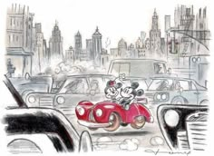 a drawing of mickey and minnie on a red car in front of a cityscape