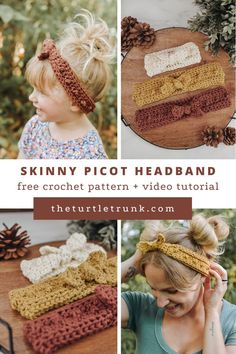 The Skinny Picot Headband crochet pattern comes in 8 sizes including baby, child, and adult sizes so you can make one for any head size! These crochet hadbands are perfect for mommy and me sets! Follow along with this free and easy crochet headband pattern at theturtletrunk.com or check out the full video tutorial on YouTube! Mommy And Me Crochet Headbands, Picot Headband Crochet, Crocheted Gifts For Mom, Crochet Baby Headband Pattern Free, Child’s Knitted Headband, Mommy And Me Crochet Patterns Free, Easy Crochet Accessories Free Pattern, Crochet Adult Headband, Cute Crochet Headband Patterns