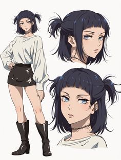 an anime character with long black hair and blue eyes, wearing short shorts and knee high boots