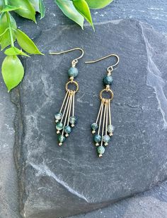 a pair of earrings sitting on top of a rock next to a plant with green leaves