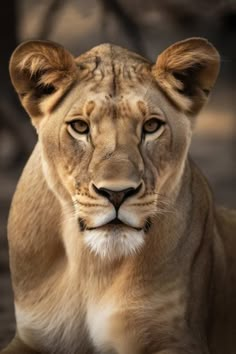 a close up of a lion laying on the ground