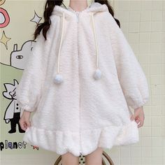 New cute rabbit ears lamb thick plush coat sold by Harajuku fashion on Storenvy White Kawaii Outerwear For Winter, Winter Plush Long Sleeve Outerwear, Cute Warm White Outerwear, Hooded Plush Outerwear For Winter, Bunny Ear Hoodie, Kawaii Hoodies, Fluffy Rabbit, Plush Coat, Winter Girl