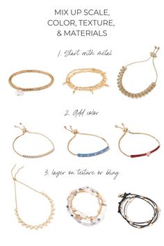 infographic sharing three easy steps to build a bracelet stack. step 1: start with a metal base, step 2: add a touch of color, and step 3: layer in a different texture or bling. Stack Bracelets, Stacking Bracelets, My Fashion Style, Dainty Bracelets, Fashion Styling