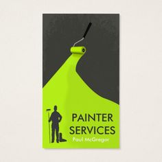 a business card for painting services with a man holding a paint roller on the side