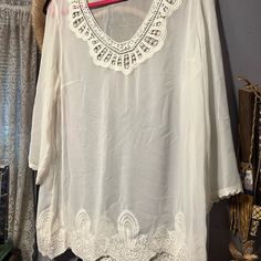 Coldwater Creek Ivory Sheer Large Blouse With Lace At The Semi V Neck, Hemline And Bottom Of Sleeves. New Never Worn. Sleeves Are Long And Loose Fitting. Beautiful Blouse! Elegant Lace Trim Blouse For Vacation, White Sheer Summer Top, White Lace Summer Blouse, Elegant Lace Top Blouse For Vacation, Cream Flowy Summer Tops, Flowy Cream Summer Top, Flowy Bohemian Cream Blouse, Summer Cream Flowy Top, Elegant Flowy Blouse For Vacation