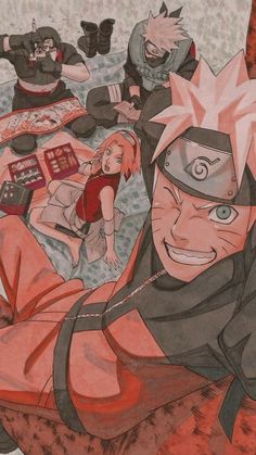 a drawing of naruto and his friends laying on the bed