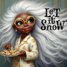 a painting of an older woman with white hair and glasses holding a plate of cookies