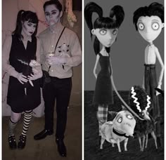 two pictures one is black and white, the other has an image of a couple dressed up in halloween costumes