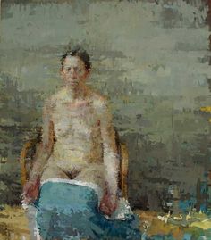 a painting of a man sitting in a chair with his legs crossed and no shirt on