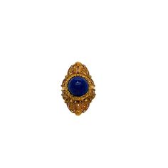 Victorian 18K Yellow Gold Lapis Ring The Etruscan shield motif set with one round cabochon cut lapis measuring 10mm and decorated with bead and wire work. Circa 1900s Size 4 1/4 Gold Lapis Lazuli Cabochon Jewelry, Gold Lapis Lazuli Jewelry With Cabochon, Yellow Gold Lapis Lazuli Cabochon Jewelry, Vintage Lapis Lazuli Round Jewelry, Vintage Lapis Lazuli Gemstone Jewelry, Antique Filigree Ring With Cabochon, Vintage Oval Lapis Lazuli Jewelry, Vintage Lapis Lazuli Oval Jewelry, Antique Filigree Ring With Cabochon For Formal Occasions