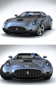 two views of the front and back of a silver sports car