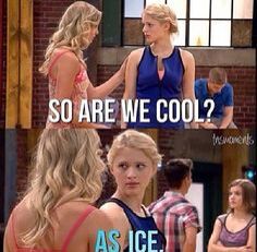 two girls talking to each other in front of a brick building with the caption so are we cool? as ice