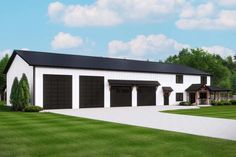 an artist's rendering of a two - story garage with black doors and windows