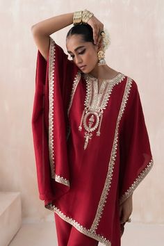 Maroon kaftan with gota embroidered vine motifs, embellished by sequins. Comes with pant. - Aza Fashions Georgette Straight Kurta Kaftan With Dupatta, Wedding Chanderi Kaftan With Mirror Work, Diwali Georgette Kaftan With Dupatta, Elegant Chanderi Kaftan With Mirror Work, Traditional Georgette Kaftan With Dupatta, Silk Kaftan With Mirror Work, Unstitched Festive Kaftan For Diwali, Diwali Georgette Kaftan, Traditional Embellished Chanderi Kaftan