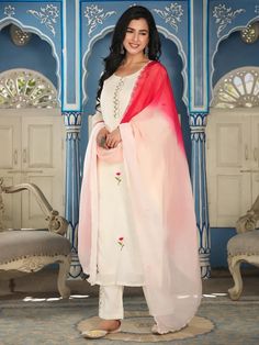 White & Red Cotton Embroidered Suit Set with Tie Dye Organza Dupatta Organza Dupatta Suits, Embroidered Suit, Neck Designs For Suits, Embroidery Detailing, Organza Dupatta, Cotton Bottoms, Tie And Dye, Suit Set, Palazzo Pants