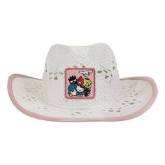 Get ready for sunny days in style with this delightful women’s white Hello Kitty & Friends cowboy hat. Made from vented straw and adorned with a colorful array of beloved characters including Tuxedo Sam, Badtz-Maru, Hello Kitty, My Melody, Keroppi, Chococat, Pom Pom Purin, and Cinnamoroll, this hat is a must-have for fans. The charming pink velvet lined brim adds a touch of elegance and comfort. Hand wash this hat in cold water and lay it flat to dry for long-lasting enjoyment. White Country Straw Hat For Rodeo, White Western Straw Hat For Spring, Country Style White Sun Hat For Rodeo, White Sun Hat For Spring Rodeo, White Sun Hat For Rodeo Spring Season, White Wide Brim Straw Hat For Country Events, White Straw Hat With Short Brim For Country Events, Western Style White Sun Hat For Summer, White Western Style Summer Sun Hat