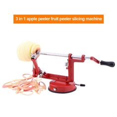 an apple peeler is being used to slice apples on a white background with the words, 3 in 1 apple peeler pelletr slicing machine