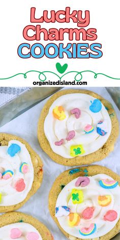 lucky charms cookies with white frosting on top