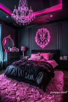 a bedroom with purple lighting and a lion head on the wall