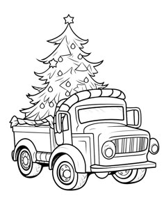 an old truck with a christmas tree on the back in black and white coloring pages