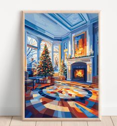 a painting of a living room with a christmas tree in the corner and a fireplace