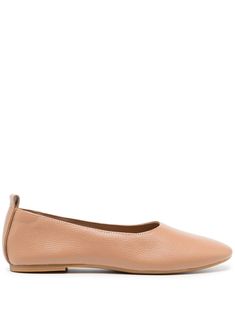 butterscotch brown leather smooth grain pull-tab at the heel almond toe slip-on style branded leather insole flat rubber sole low stacked heel Ballerina Shoes, Stacked Heel, Pull Tab, Brown Leather, Rubber Sole, Almond, Grain, Slip On, Top Brands