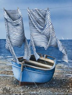 a painting of a boat on the beach with two flags flying from it's sails