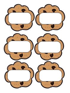 four brown bears with hearts on their faces and one has a blank sign in the middle