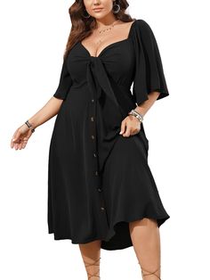 PRICES MAY VARY. Material: This Plus size summer dresses is made in lightweight and skin-touch, soft and flowy texture fabric. It's a great choice to be one of your summer dress collection Design: Plus size casual dresses is in tie front deep v neck design, it's good to shape your figure and show a deep v-neckline, the 3/4 bell sleeve is perfect to embellish your arm, back smocked dress is comfortable to fit your curves, and the button down decorates this flowy dress in more fashion Feature: Wom Petite Plus Size Dresses, Hot Weather Outfits Plus Size, Church Outfit Plus Size, Plus Size Summer Dresses Casual, Black Dress Plus Size, Plus Size Wedding Guest Dress, Plus Size Summer Dress, Summer Dress Casual, Casual Dresses Plus Size