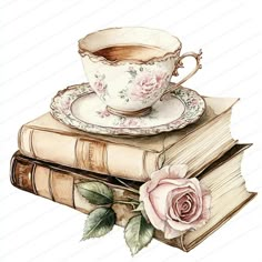 a drawing of a cup and saucer on top of two books with a rose