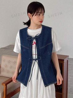 FRIFUL Women's Denim Vest Jacket With Frayed Hem And Drawstring | SHEIN Oversized Blue Denim Vest Casual, Oversized Denim Vest Outfit, Sleeveless Denim Vest For Streetwear, Oversized Trendy Denim Vest, Oversized Blue Denim Vest, High-waist Denim Blue Denim Vest, Red Boots Outfit, Denim Vest Outfit