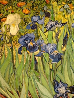 a painting of blue and white irises in a field with yellow flowers behind them