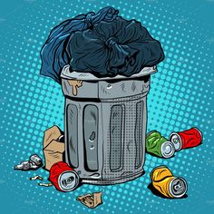 trash can with garbage bags and cans on blue background