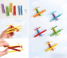 several different pictures of small toy airplanes made out of popsicle sticks and clothes pins