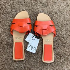 Zara | Nwt Orange Leather Sandals | Size: 36 (5.5) | Color: Orange | Fits A Size 5.5 - 6 | Stylish Sandals For The Summer | Fun Color | In Excellent Condition Leather Flat Heel Summer Sandals, Orange Closed Toe Mules For Summer, Summer Leather Closed Toe Mules, Summer Orange Closed Toe Mules, Orange Low Heel Sandals For Summer, Orange Flat Sandals For Spring, Leather Sandals With Low Heel For Vacation, Leather Low Heel Heels For Vacation, Summer Leather Mules With Round Toe