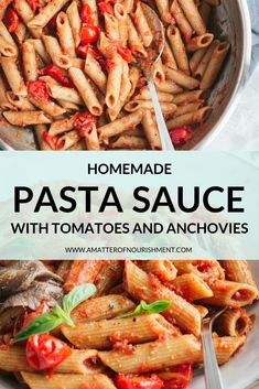 pasta sauce with tomatoes and anchovies in a white bowl next to the recipe