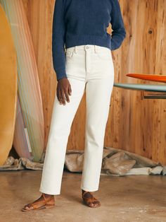 Organic Cotton Slim Straight Denim - White Dune Wash | Faherty Brand Versatile White Jeans For Fall, Versatile Everyday Cotton Jeans, Versatile Cotton Cropped Leg Jeans, White Washed Cotton Jeans, Solid Cotton Cropped Leg Jeans, Cotton Cropped Leg Jeans, Solid Cotton Cropped Jeans, Washed Cotton Jeans, Solid Washed Cotton Jeans