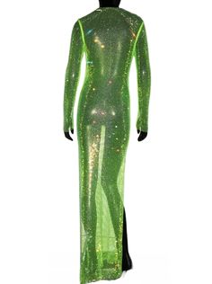 Neon green rhinestone embellished see-through maxi dress. This dress is one size. Size Bust: 29”-38” Hip: 35”-38” Length: 58” Green Sheer Maxi Dress, Green Sheer Maxi Length Dress, Glamorous Green Club Dress, Glamorous Green Dress For Club, Glamorous Embellished Green Maxi Dress, Glamorous Green Spring Maxi Dress, Glamorous Green Rhinestone Dress, Green Sheer Fitted Maxi Dress, Green Sheer Party Dress