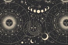 the sun, moon and planets are depicted in this black and white illustration with stars