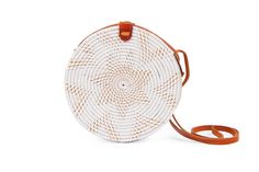 White Round Rattan Bali Crossbody Handbag White Summer Crossbody Straw Bag, Summer White Straw Crossbody Bag, Summer White Crossbody Straw Bag, White Straw Crossbody Bag For Summer, White Shoulder Bag With Round Handle For Summer, Round Shoulder Bag For Everyday Use In Summer, Summer Everyday Round Shoulder Bag, Round Summer Vacation Bag, White Shoulder Bag With Round Handle For Travel