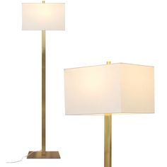 a lamp with a white shade on it and a gold metal pole next to it