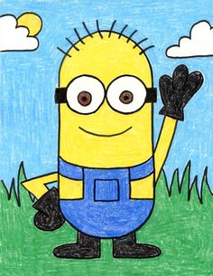 a drawing of a cartoon character with glasses and overalls, holding his hand up in the air