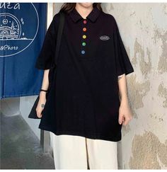 Loose Colorful Button Polo Collar Shirt – Nada Outfit Land Casual Black T-shirt With Buttons, Black Buttoned T-shirt For Summer, Multicolor Cotton Tops With Buttons, Multicolor Cotton Top With Buttons, Black Casual T-shirt With Buttons, Black Buttoned Casual T-shirt, Collared Cotton Top In Vibrant Colors, Half Sleeve Cotton Tops With Buttons, Colorful Casual Button-up Top