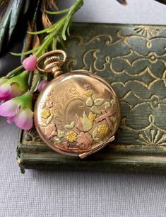 an antique pocket watch sitting on top of a green book next to flowers and feathers