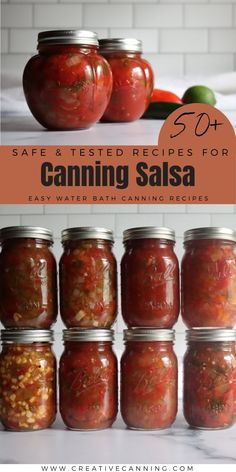 canning salsa in mason jars with text overlay reading safe and tested recipes for canning salsa