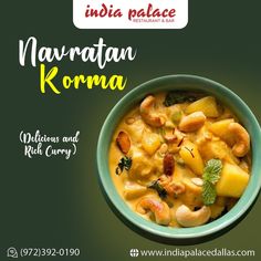 an advertisement for navratan korma with curry and vegetables in a green bowl