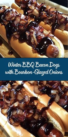 three hot dogs covered in bacon and onions