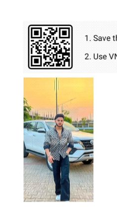 a man standing in front of a car next to a qr code